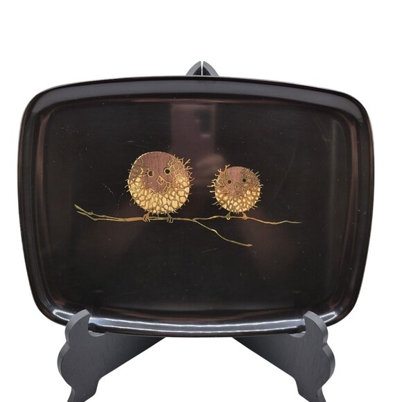 Couroc Puffy Owls on Branch Rectangular Tray Hand Inlaid Wood Spikey Birds - Picture 1 of 7